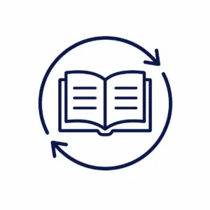 Open book icon encircled by a refresh arrow, signaling repeating/continuous reading or updating learning content.