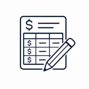 Invoice or budget worksheet icon showing a table with dollar signs and a pencil for editing or signing