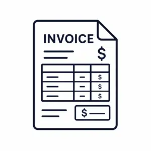Invoice document icon showing itemized rows and a prominent dollar sign for total due or payment.
