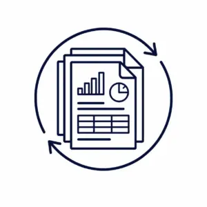 Stack of reports with charts and graphs, surrounded by a circular refresh symbol indicating data update or report renewal