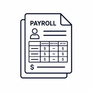 Payroll document icon with a person silhouette and a table showing earnings, deductions, and net pay