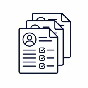 Documents with a user icon and three checklists, representing forms or records.