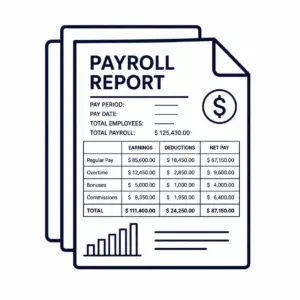 Payroll report document with a table of earnings, deductions, and net pay, plus a small bar chart illustration
