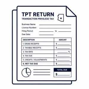 Tax return form labeled 'TPT RETURN' with fields for business details and a table of receipts and tax due amounts (informational image).
