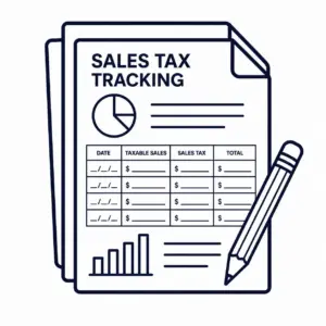 Sales tax tracking document with a pie chart, table of dates and amounts, and a pencil.