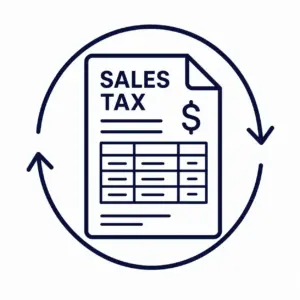 Sales tax form with a dollar sign and a data table, surrounded by circular arrows indicating processing