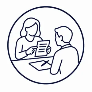 Interview scene: an interviewer showing a document to a candidate across a table, inside a circular frame.