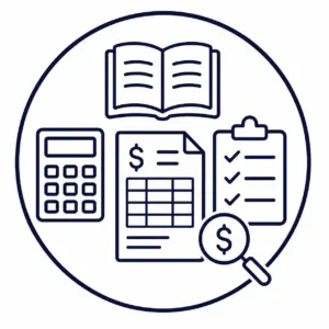Finance and accounting icons: calculator, invoice, checklist, book, and magnifying glass over a dollar symbol within a circle.