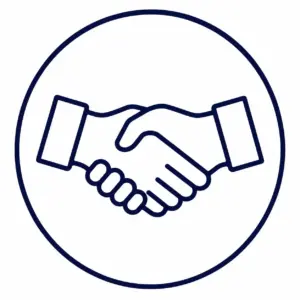 Handshake symbol inside a circle, representing agreement or partnership.