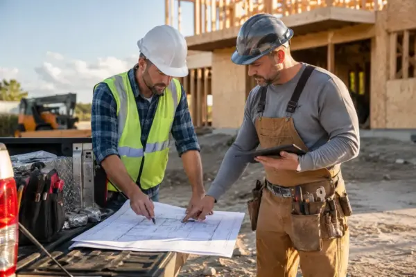 Two construction workers review blueprints on a truck bed at a building site, one in a white hard hat and high‑viz vest, the other in a gray helmet and tool belt holding a tablet/plan