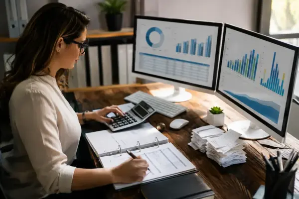 Woman wearing glasses works at a desk, using a calculator while taking notes as two monitors show charts and graphs.
