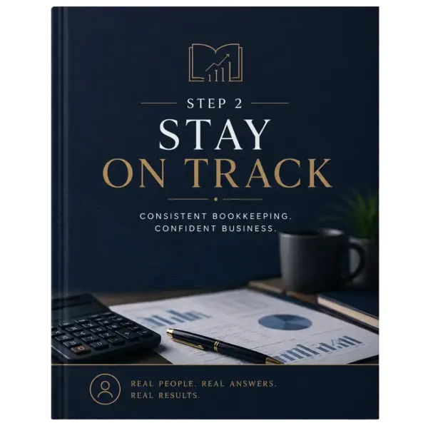 Book cover for 'Step 2: Stay on Track' about consistent bookkeeping, with graphs, a pen, and a coffee mug in a dark design.