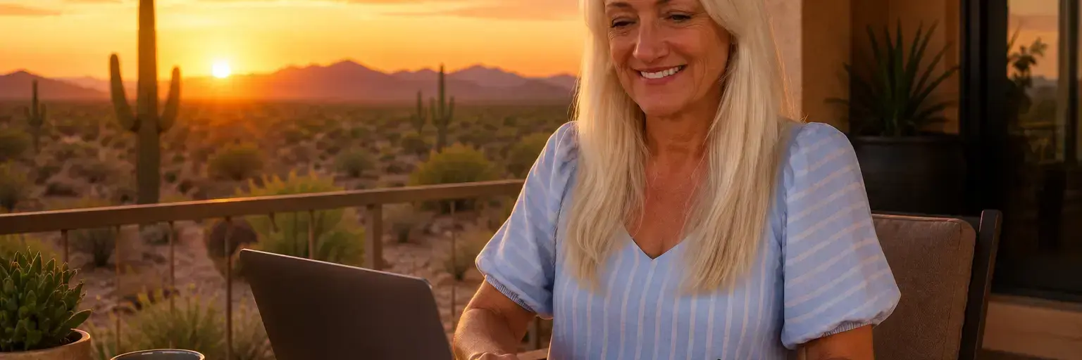 Smiling woman with long white hair sits at an outdoor desk at sunset, typing on a laptop with charts and a notebook nearby.