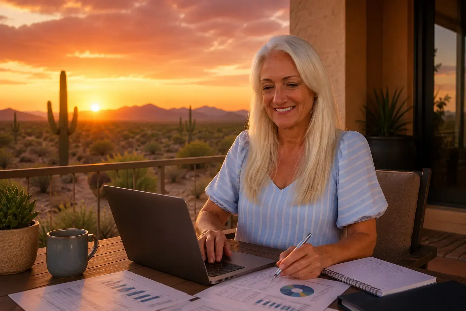 Smiling woman with long white hair sits at an outdoor desk at sunset, typing on a laptop with charts and a notebook nearby.