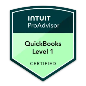 Intuit ProAdvisor QuickBooks Level 1 Certified badge with teal and mint colors