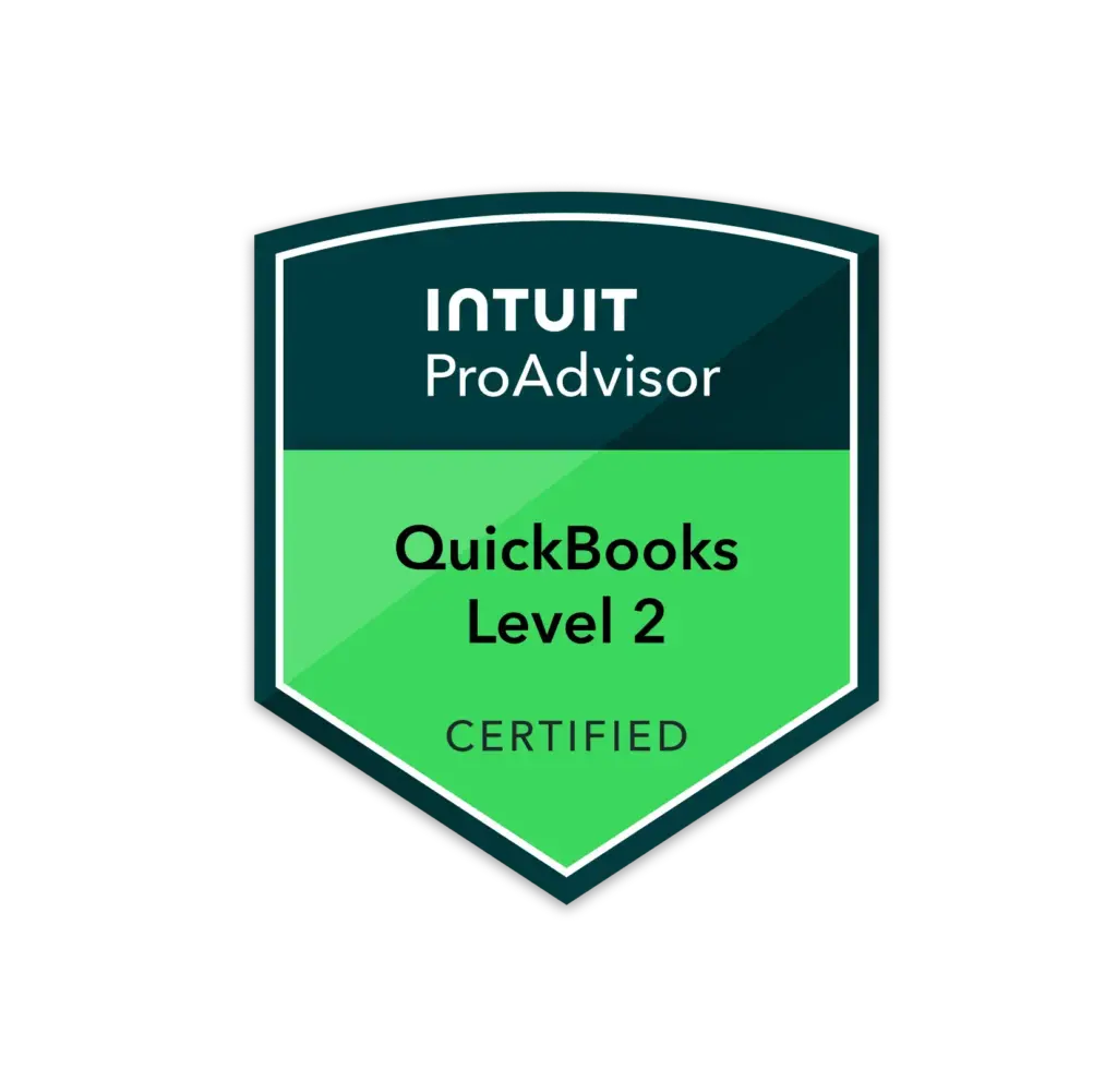 Intuit ProAdvisor QuickBooks Level 2 Certified badge.